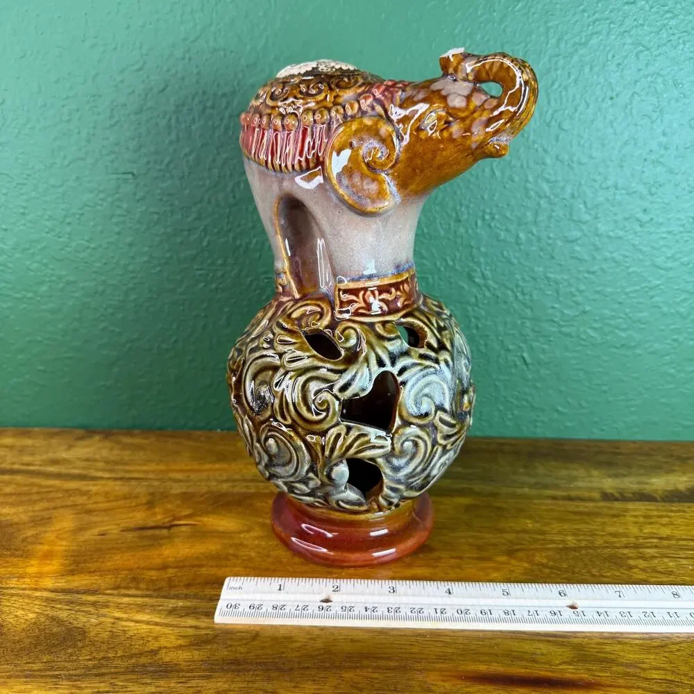 Vintage Elephant Figurine Satsuma Style Japanese Pottery Mini Statue.